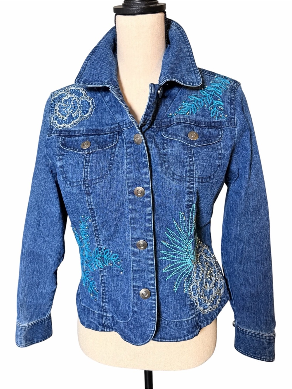 Ruby Rd. Beaded Embroidered Floral Denim Jacket Size 10P